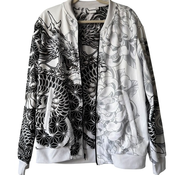 Lunafide Black White Dragon Bomber‎ Jacket Men's Large Japanese Tattoo Art